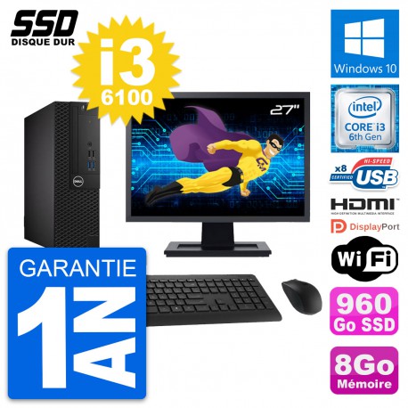 PC Dell 3050 SFF Ecran 27" Intel i3-6100 RAM 8Go SSD 960Go HDMI Windows 10 Wifi