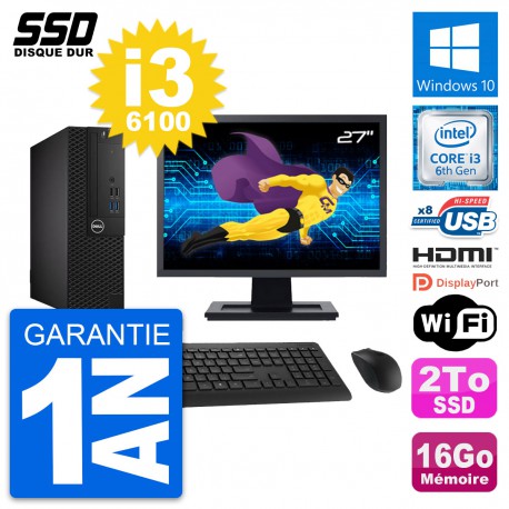 PC Dell 3050 SFF Ecran 27" Core i3-6100 RAM 16Go SSD 2To HDMI Windows 10 Wifi