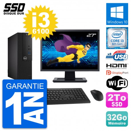 PC Dell 3050 SFF Ecran 27" Intel i3-6100 RAM 32Go SSD 2To HDMI Windows 10 Wifi