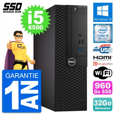 PC Dell OptiPlex 3050 SFF Intel i5-6500 RAM 32Go SSD 960Go HDMI Windows 10 Wifi