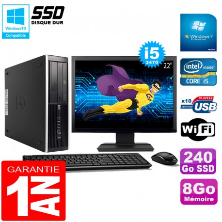 PC HP Compaq Pro 6300 SFF I5-3470 8Go 240Go SSD Graveur DVD Wifi W7 Ecran 22"