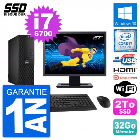 PC Dell 3050 SFF Ecran 27" Intel i7-6700 RAM 32Go SSD 2To HDMI Windows 10 Wifi
