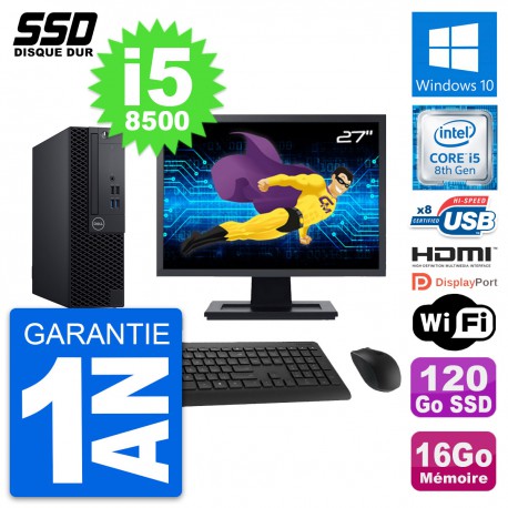 PC Dell 3060 SFF Ecran 27" Intel i5-8500 RAM 16Go SSD 120Go HDMI Windows 10 Wifi
