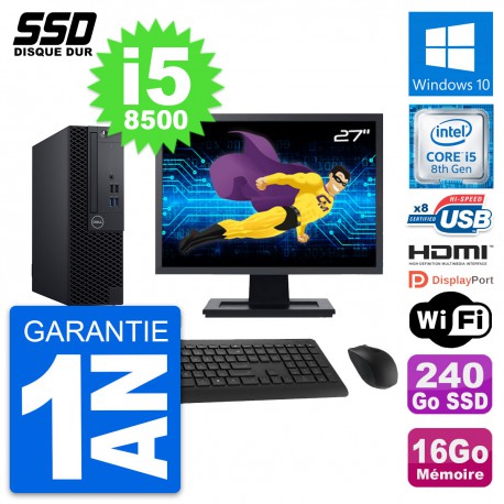 PC Dell 3060 SFF Ecran 27" Intel i5-8500 RAM 16Go SSD 240Go HDMI Windows 10 Wifi