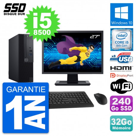 PC Dell 3060 SFF Ecran 27" Intel i5-8500 RAM 32Go SSD 240Go HDMI Windows 10 Wifi
