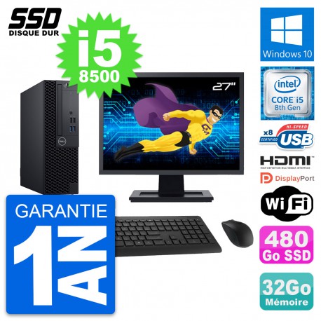 PC Dell 3060 SFF Ecran 27" Intel i5-8500 RAM 32Go SSD 480Go HDMI Windows 10 Wifi