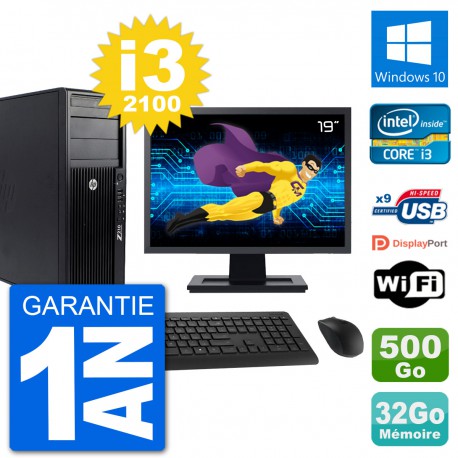 PC Tour HP Z210 Ecran 19" Intel i3-2100 RAM 32Go Disque Dur 500Go Windows 10 Wifi