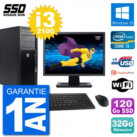 PC Tour HP Z210 Ecran 19" Intel i3-2100 RAM 32Go SSD 120Go Windows 10 Wifi