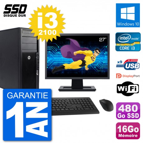 PC Tour HP Z210 Ecran 27" Intel i3-2100 RAM 16Go SSD 480Go Windows 10 Wifi