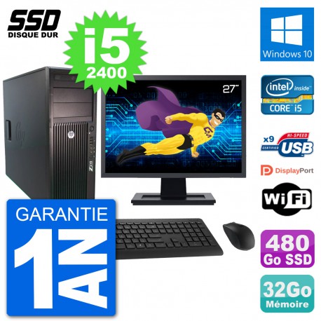 PC Tour HP Z210 Ecran 27" Intel i5-2400 RAM 32Go SSD 480Go Windows 10 Wifi