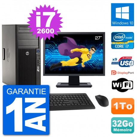 PC Tour HP Z210 Ecran 27" Intel i7-2600 RAM 32Go Disque Dur 1To Windows 10 Wifi