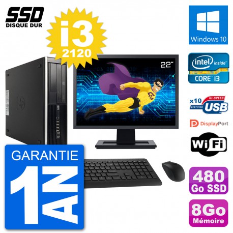 PC HP Compaq 6200 Pro SFF Ecran 22" i3-2120 RAM 8Go SSD 480Go Windows 10 Wifi