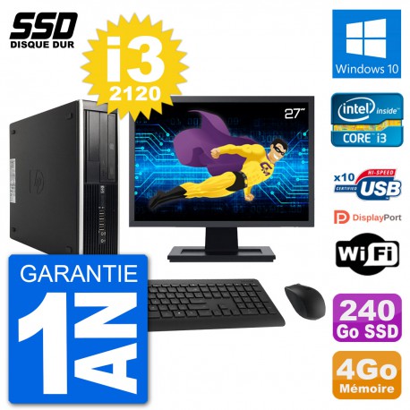PC HP Compaq 6200 Pro SFF Ecran 27" i3-2120 RAM 4Go SSD 240Go Windows 10 Wifi