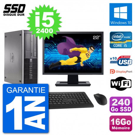 PC HP Compaq 6200 Pro SFF Ecran 22" i5-2400 RAM 16Go SSD 240Go Windows 10 Wifi