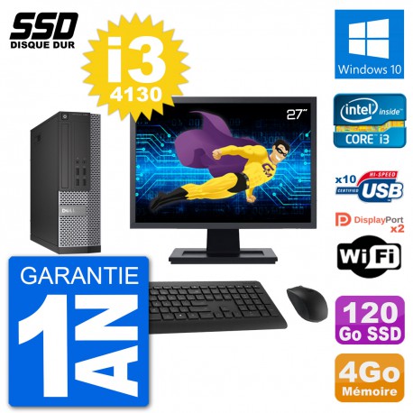PC Dell 7020 SFF Ecran 27" Intel i3-4130 RAM 4Go SSD 120Go Windows 10 Wifi