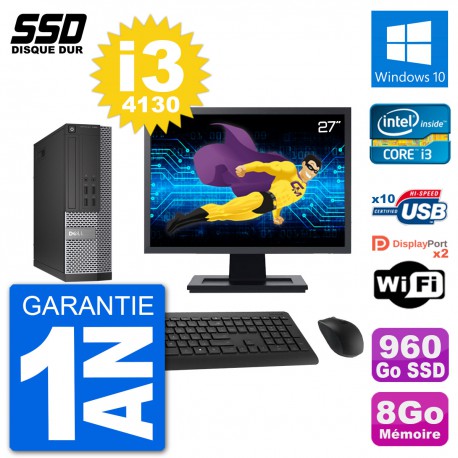 PC Dell 7020 SFF Ecran 27" Intel i3-4130 RAM 8Go SSD 960Go Windows 10 Wifi