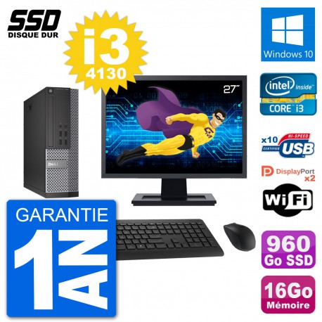 PC Dell 7020 SFF Ecran 27" Intel i3-4130 RAM 16Go SSD 960Go Windows 10 Wifi