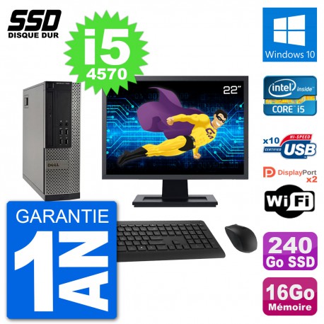 PC Dell 7020 SFF Ecran 22" Intel i5-4570 RAM 16Go SSD 240Go Windows 10 Wifi