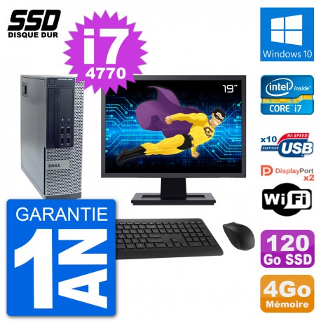 PC Dell 7020 SFF Ecran 19" Intel i7-4770 RAM 4Go SSD 120Go Windows 10 Wifi