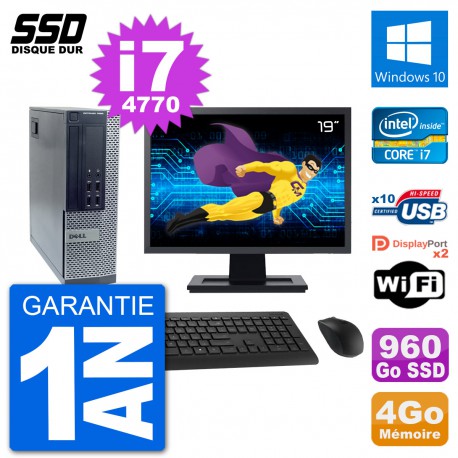 PC Dell 7020 SFF Ecran 19" Intel i7-4770 RAM 4Go SSD 960Go Windows 10 Wifi