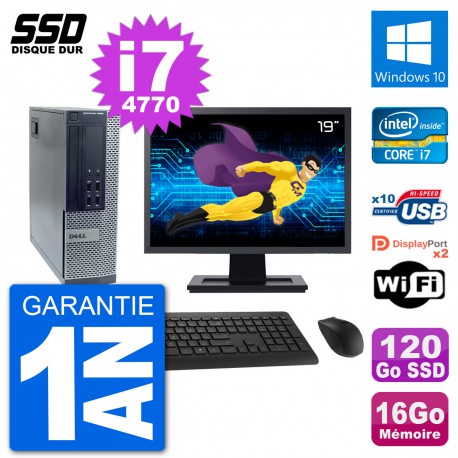 PC Dell 7020 SFF Ecran 19" Intel i7-4770 RAM 16Go SSD 120Go Windows 10 Wifi