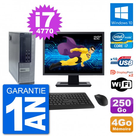 PC Dell 7020 SFF Ecran 22" Intel i7-4770 RAM 4Go Disque 250Go Windows 10 Wifi