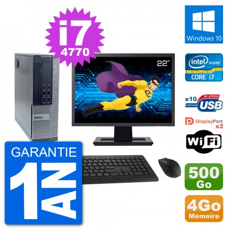 PC Dell 7020 SFF Ecran 22" Intel i7-4770 RAM 4Go Disque 500Go Windows 10 Wifi