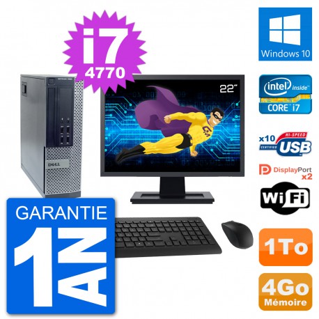 PC Dell 7020 SFF Ecran 22" Intel i7-4770 RAM 4Go Disque Dur 1To Windows 10 Wifi