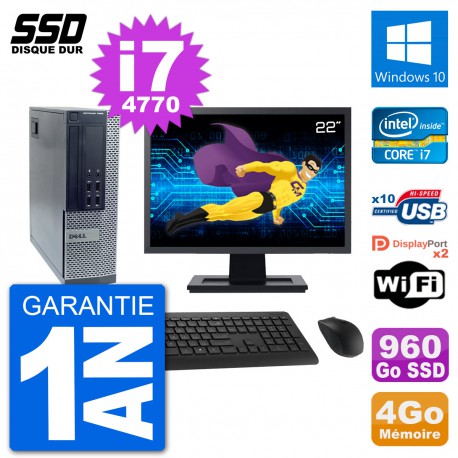 PC Dell 7020 SFF Ecran 22" Intel i7-4770 RAM 4Go SSD 960Go Windows 10 Wifi