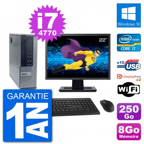 PC Dell 7020 SFF Ecran 22" Intel i7-4770 RAM 8Go Disque 250Go Windows 10 Wifi