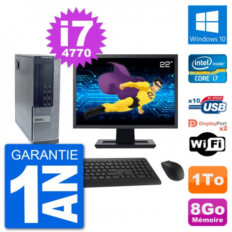 PC Dell 7020 SFF Ecran 22" Intel i7-4770 RAM 8Go Disque Dur 1To Windows 10 Wifi