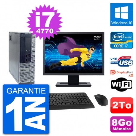 PC Dell 7020 SFF Ecran 22" Intel i7-4770 RAM 8Go Disque Dur 2To Windows 10 Wifi