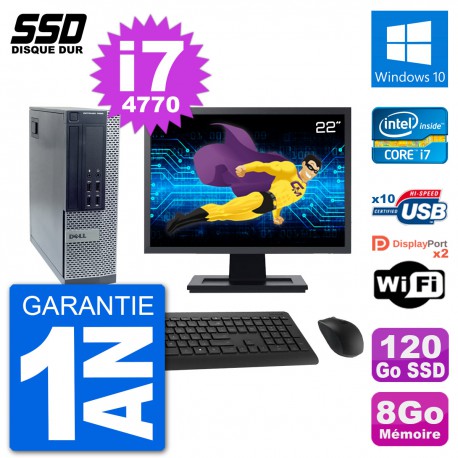 PC Dell 7020 SFF Ecran 22" Intel i7-4770 RAM 8Go SSD 120Go Windows 10 Wifi