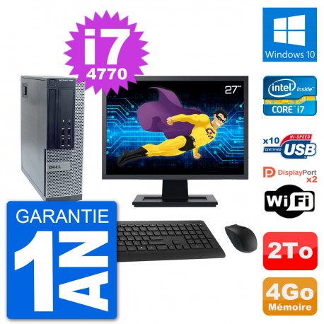PC Dell 7020 SFF Ecran 27" Intel i7-4770 RAM 4Go Disque Dur 2To Windows 10 Wifi