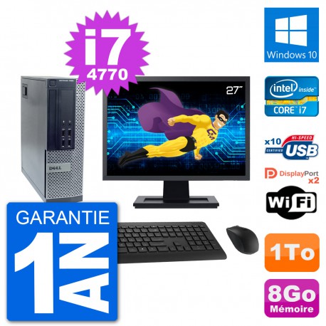 PC Dell 7020 SFF Ecran 27" Intel i7-4770 RAM 8Go Disque Dur 1To Windows 10 Wifi