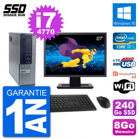 PC Dell 7020 SFF Ecran 27" Intel i7-4770 RAM 8Go SSD 240Go Windows 10 Wifi