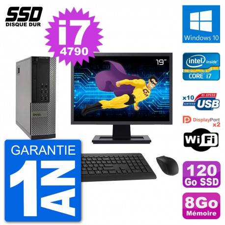 PC Dell 7020 SFF Ecran 19" Intel i7-4790 RAM 8Go SSD 120Go Windows 10 Wifi