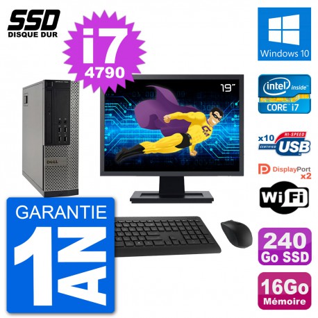 PC Dell 7020 SFF Ecran 19" Intel i7-4790 RAM 16Go SSD 240Go Windows 10 Wifi