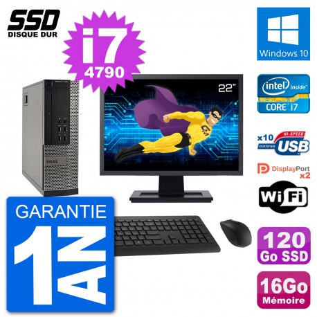 PC Dell 7020 SFF Ecran 22" Intel i7-4790 RAM 16Go SSD 120Go Windows 10 Wifi