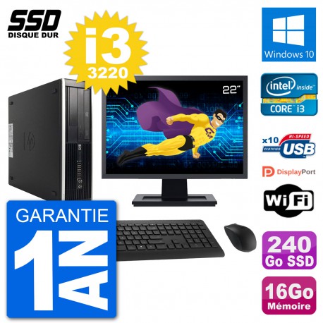 PC HP Compaq Pro 6300 SFF Ecran 22" i3-3220 RAM 16Go SSD 240Go Windows 10 Wifi