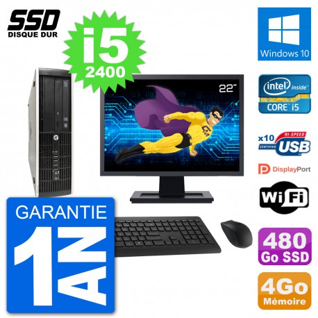 PC HP Compaq Pro 6300 SFF Ecran 22" i5-2400 RAM 4Go SSD 480Go Windows 10 Wifi