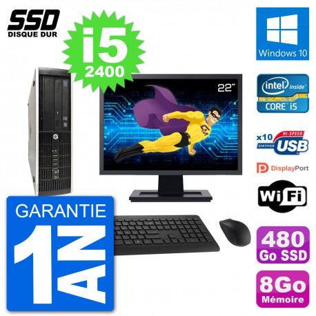 PC HP Compaq Pro 6300 SFF Ecran 22" i5-2400 RAM 8Go SSD 480Go Windows 10 Wifi
