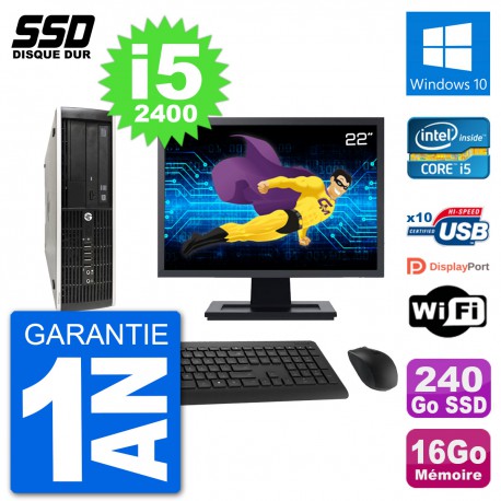 PC HP Compaq Pro 6300 SFF Ecran 22" i5-2400 RAM 16Go SSD 240Go Windows 10 Wifi