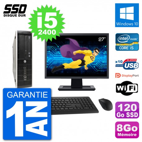 PC HP Compaq Pro 6300 SFF Ecran 27" i5-2400 RAM 8Go SSD 120Go Windows 10 Wifi