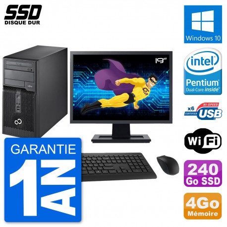 PC Tour Fujitsu P400 Ecran 19" Intel G630 RAM 4Go SSD 240Go Windows 10 Wifi