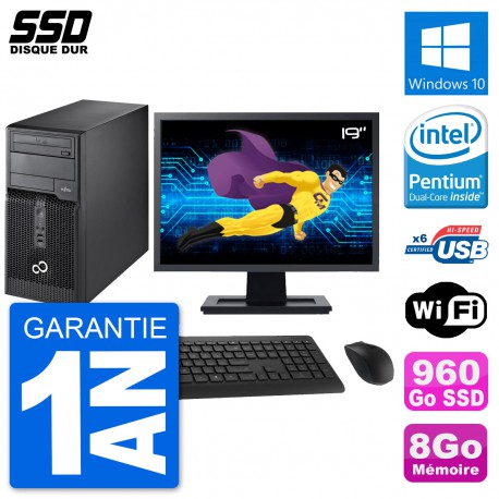 PC Tour Fujitsu P400 Ecran 19" Intel G630 RAM 8Go SSD 960Go Windows 10 Wifi