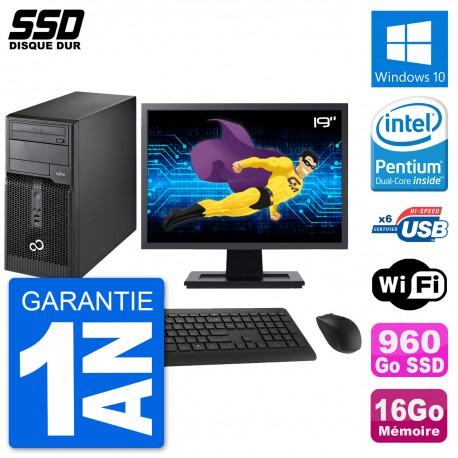 PC Tour Fujitsu P400 Ecran 19" Intel G630 RAM 16Go SSD 960Go Windows 10 Wifi