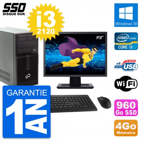 PC Tour Fujitsu P400 Ecran 19" Intel i3-2120 RAM 4Go SSD 960Go Windows 10 Wifi