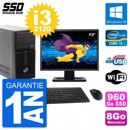 PC Tour Fujitsu P400 Ecran 19" Intel i3-2120 RAM 8Go SSD 960Go Windows 10 Wifi