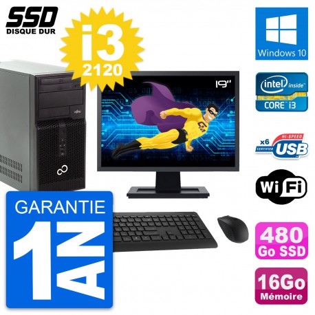 PC Tour Fujitsu P400 Ecran 19" Intel i3-2120 RAM 16Go SSD 480Go Windows 10 Wifi